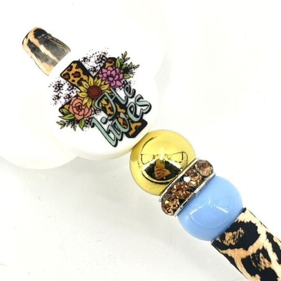 He Lives! Jesus Christ Christian cross pen handmade NEW bling rhinestone blue fl - Picture 2 of 6